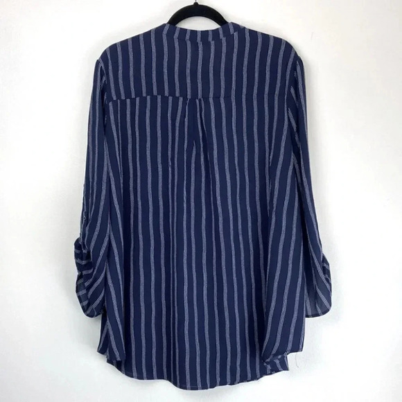Emperice Plus Size Navy V-Neck Striped Blouse Adjustable Sleeve - Picture 4 of 7